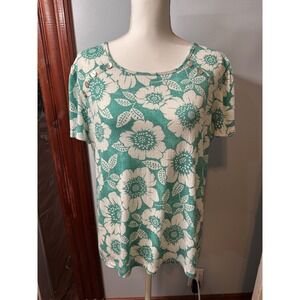 Como Blu Green White Floral Short Sleeve Button Shoulder Knit Top Large